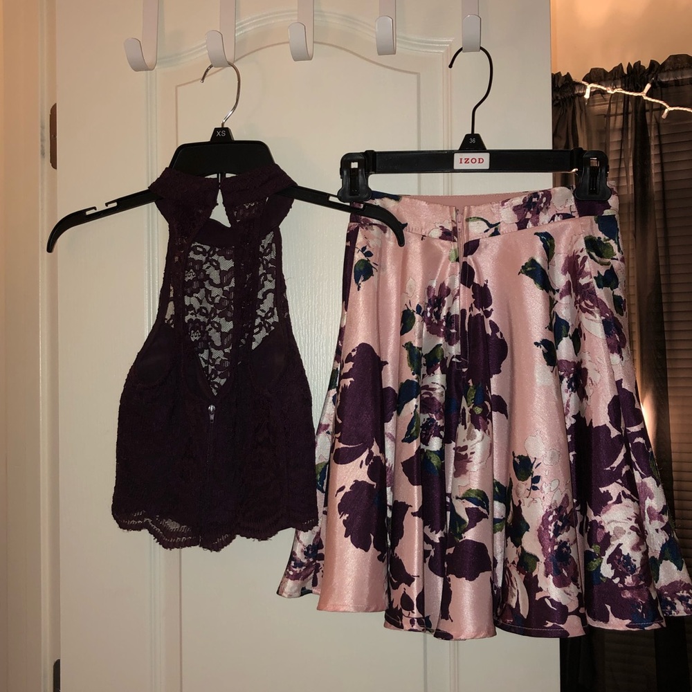 burgundy floral two piece homecoming/prom dress